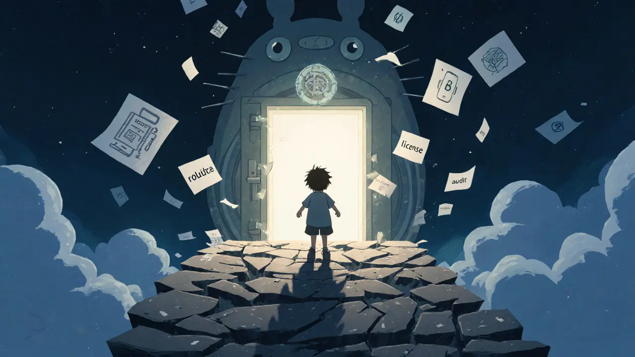 A child reaching for an empty security vault as shattered app icons lie broken on the ground.