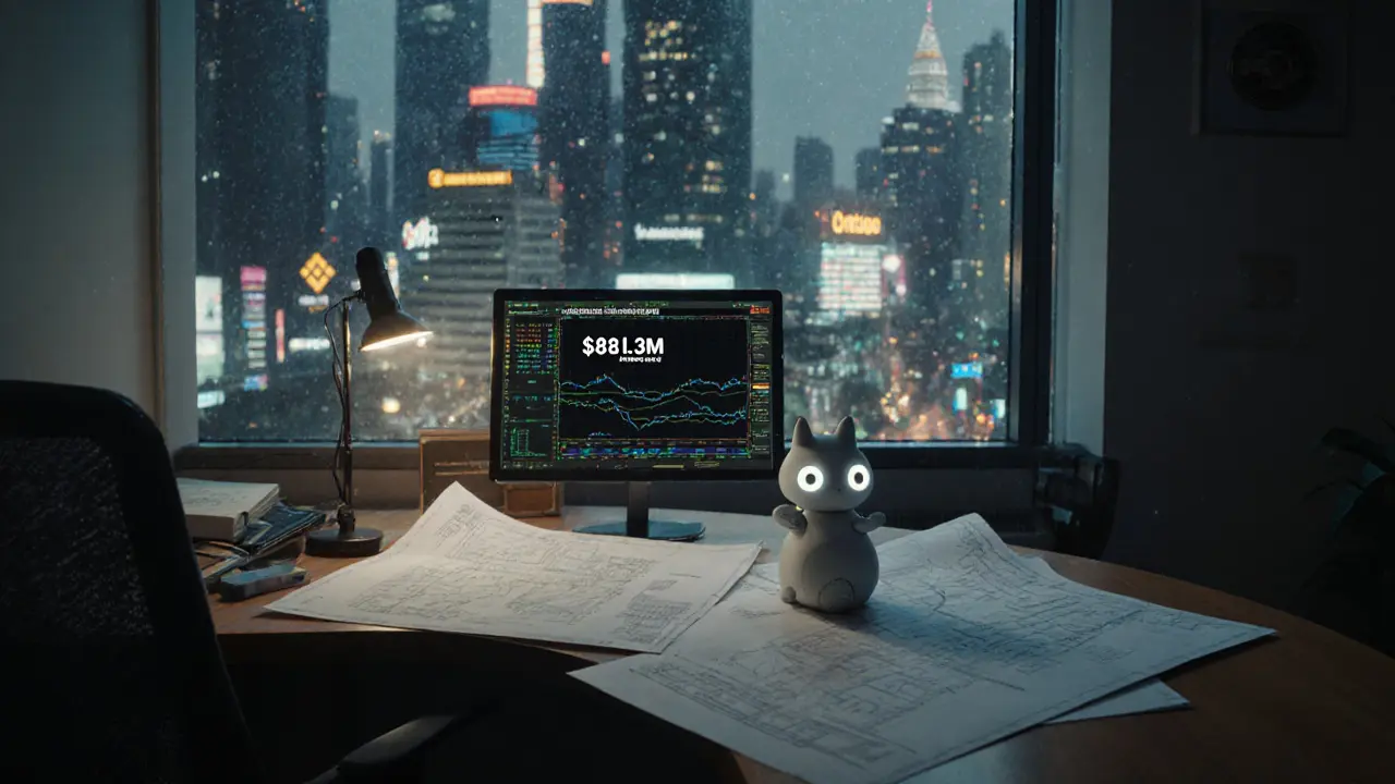 A dim office with blank blueprints and a curious robot staring at a tiny TVL number while giants loom outside.