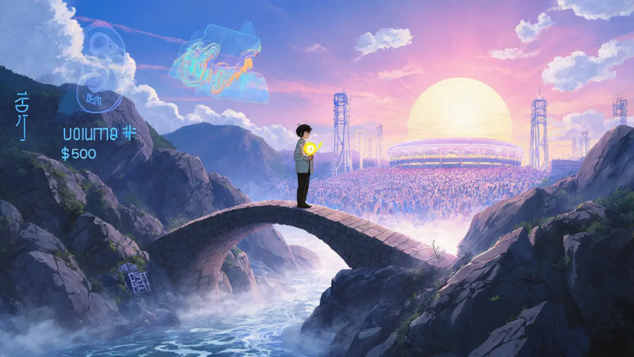 A fan on a misty bridge holds a glowing $BEAT token, with a dark valley of low volume on one side and a sunrise concert arena on the other.