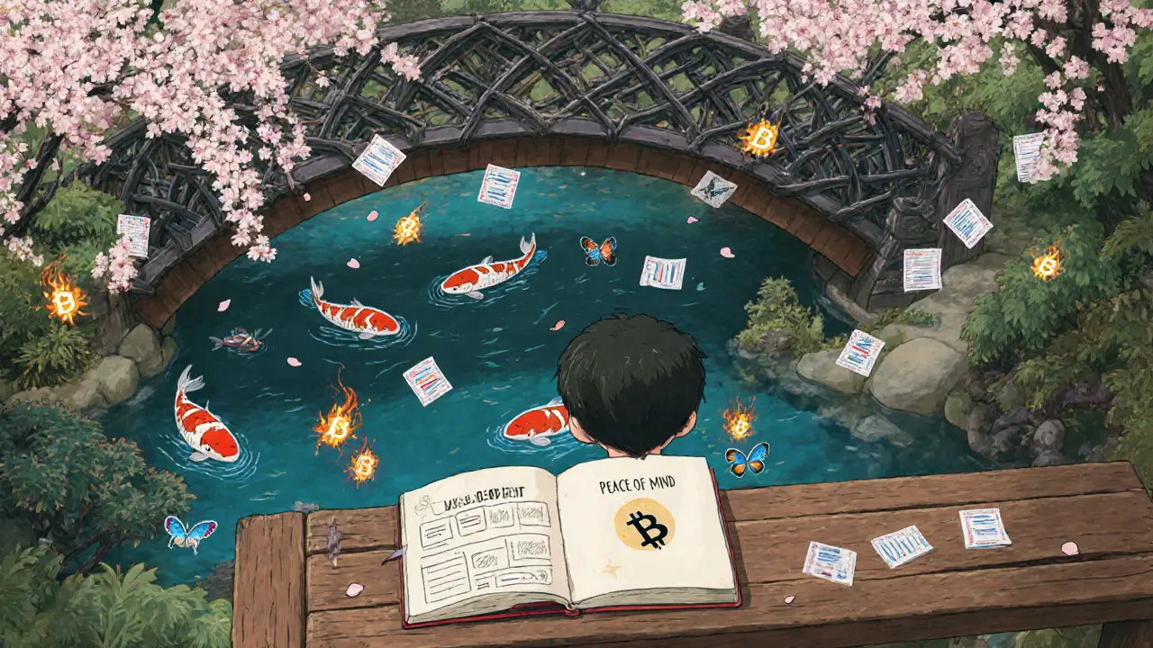 A former U.S. resident in a Kyoto garden watching koi swim beneath a blockchain bridge, cherry blossoms turning tax forms into butterflies.