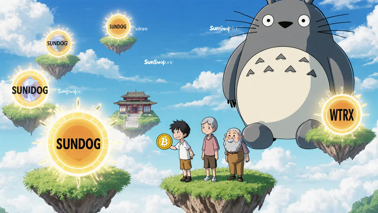 A sky marketplace with floating islands of tokens, where users exchange coins through sun-shaped portals.