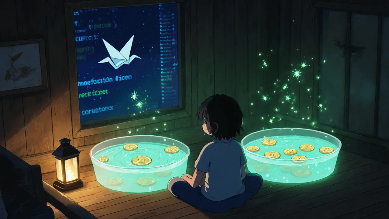 A user sits in a lantern-lit cabin watching bioluminescent liquidity pools with fee particles rising like sparks.