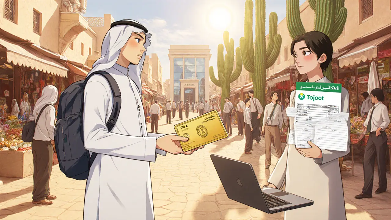Anime traveler receiving a golden UAE visa, opening a local bank account, and reviewing crypto records in a sunny market setting.