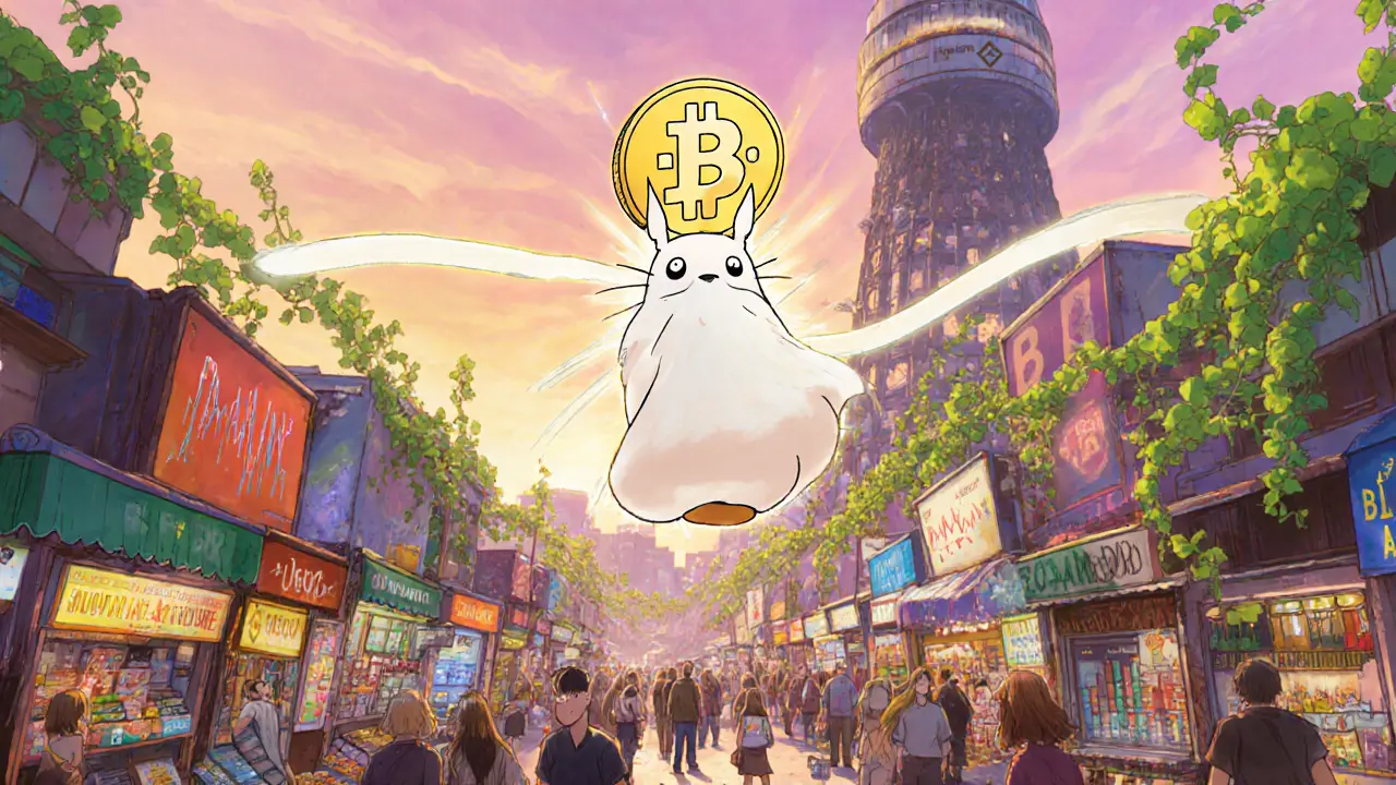 BSW token spirit flies over a lively DEX market as Binance tower fades in the background.