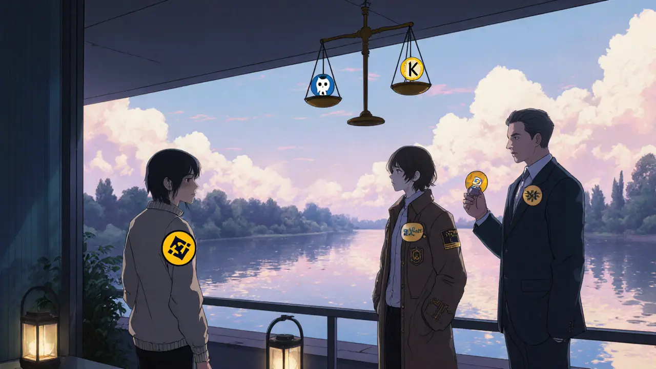 Calm trader on balcony with three characters representing Binance, Kraken, and Paymium.