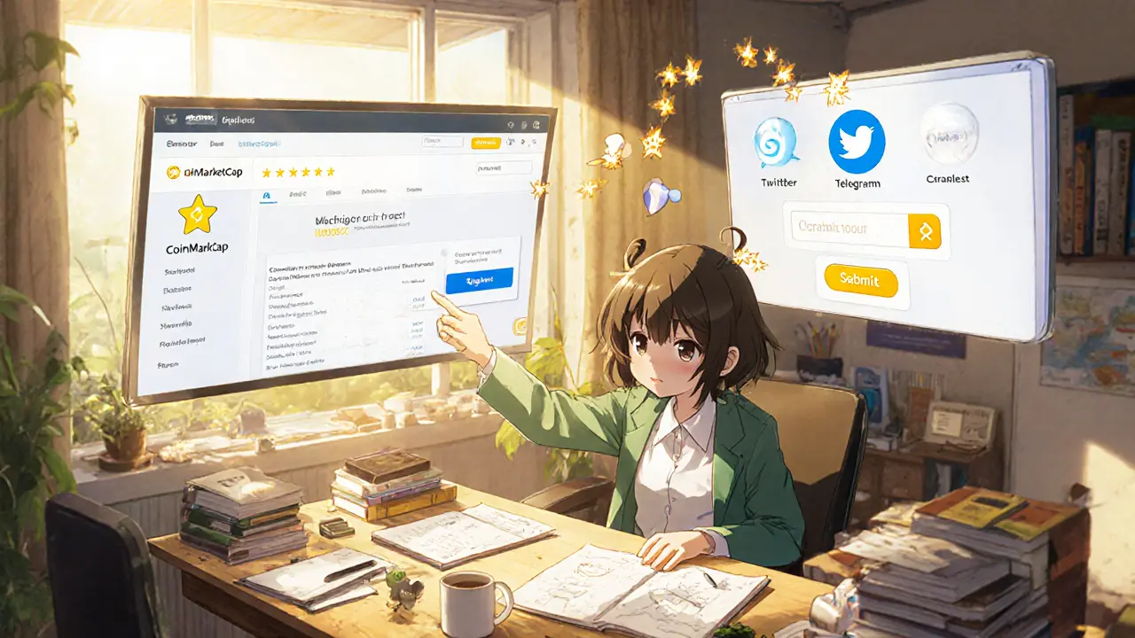 Character fills a crypto airdrop form on floating screens with icons.