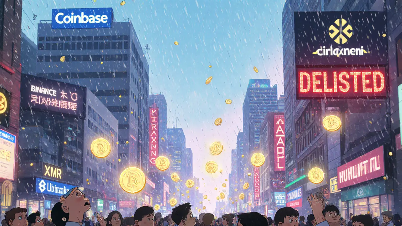 City street with exchange towers showing delisted privacy coins and worried traders.
