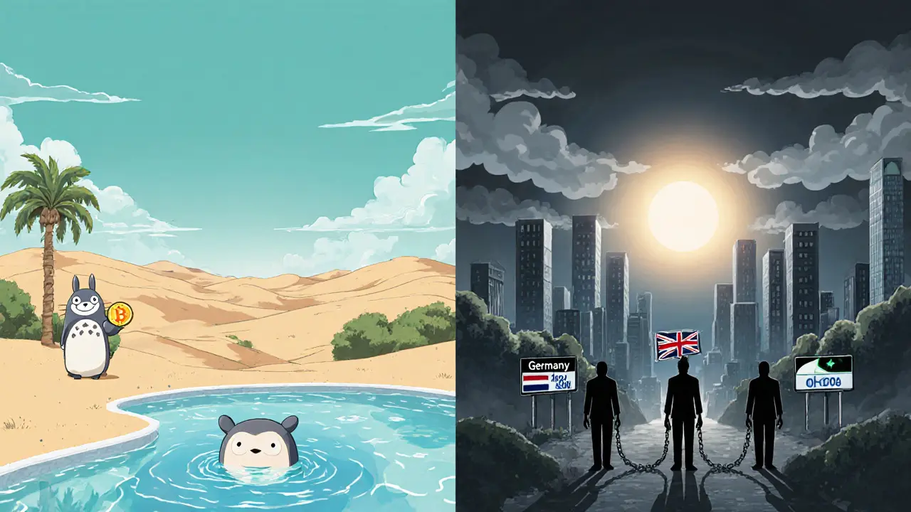 Contrast illustration of a peaceful UAE oasis with zero crypto tax beside gloomy cities with high tax rates.