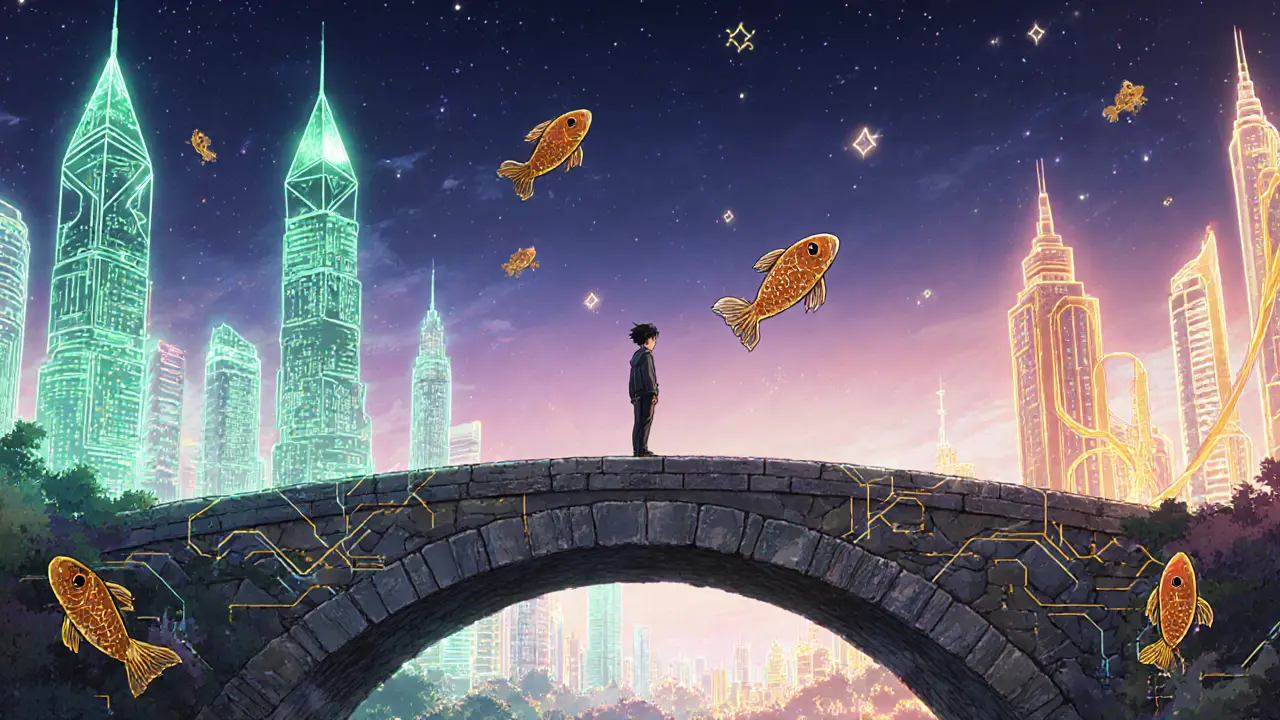 Developer on a bridge between Ethereum and Solana cityscapes under a twilight sky.