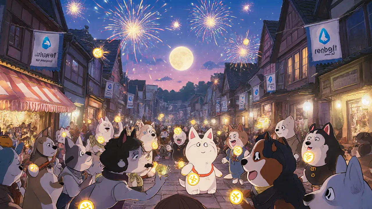 Dog characters celebrating in a town square, exchanging glowing token icons under fireworks.