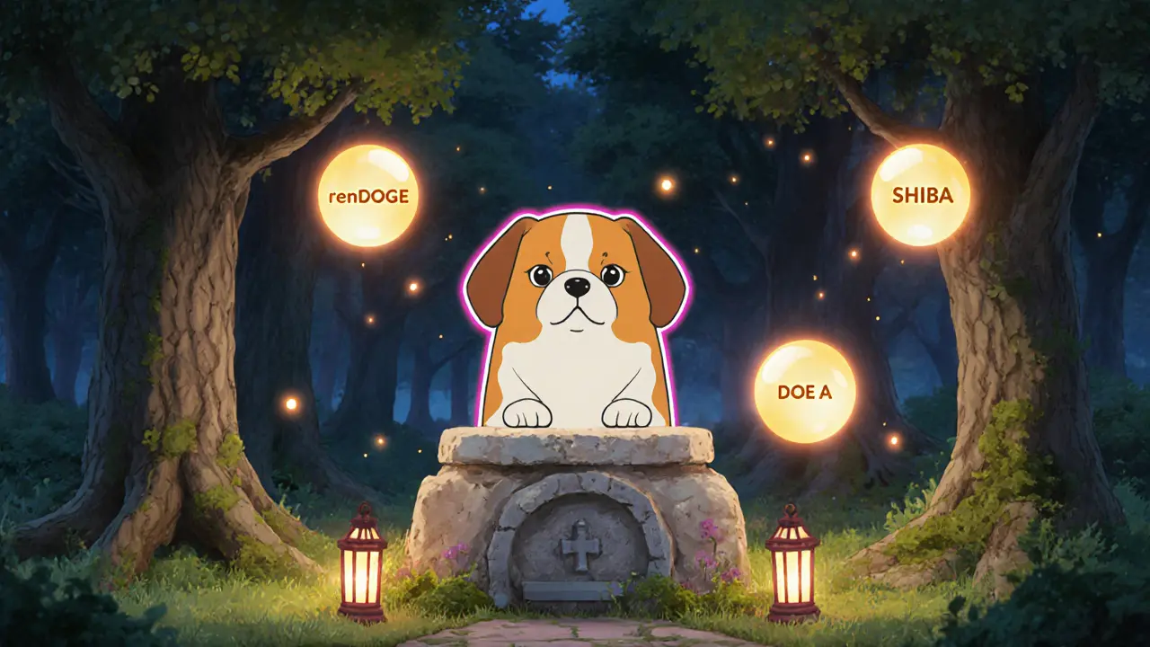 Dog NFT placed on a forest altar with three bright token orbs floating around it.