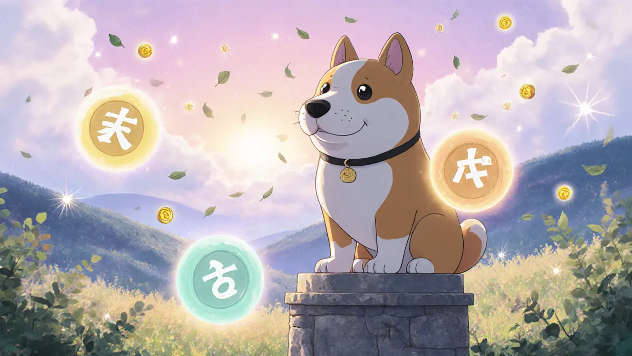 Dog statue in a garden surrounded by three glowing token orbs.