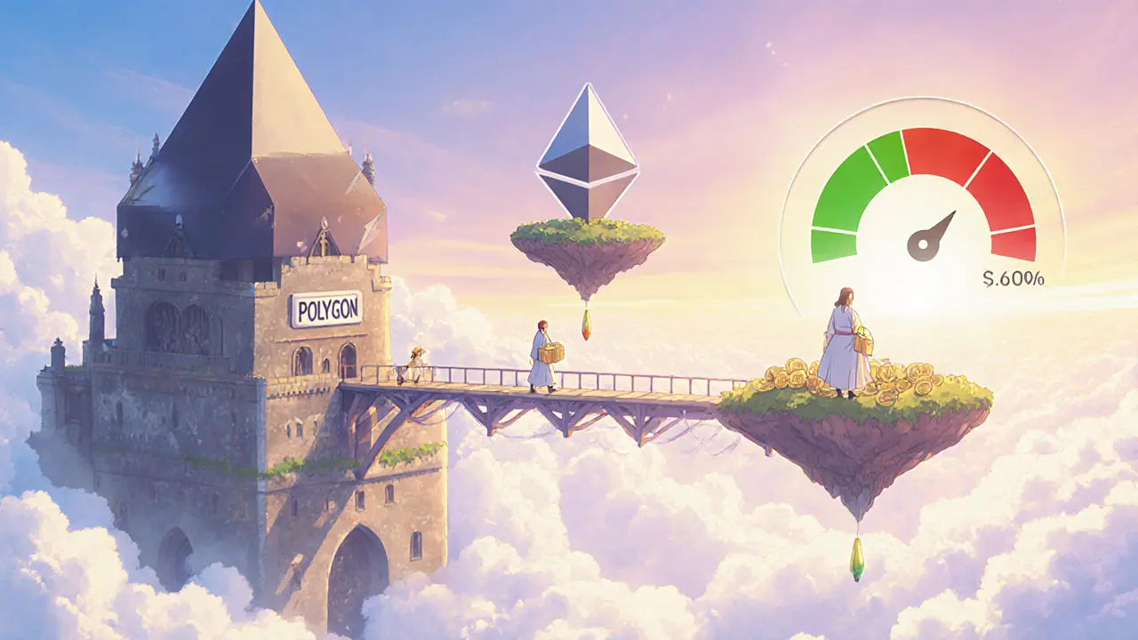 Dreamy bridge linking Ethereum to Polygon and Optimism, showing reduced gas fees.
