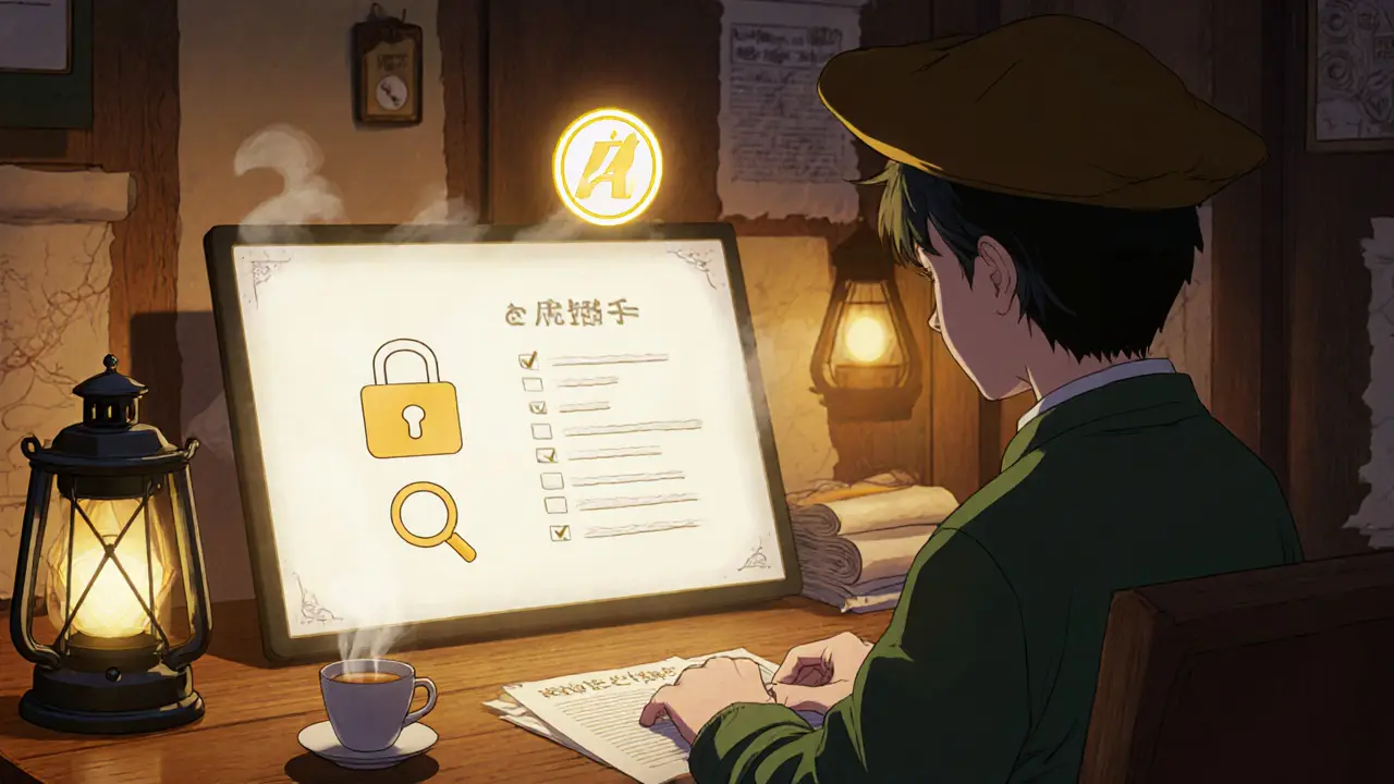 Explorer at a lanternâlit desk reviewing a holographic checklist with a floating AIR token.