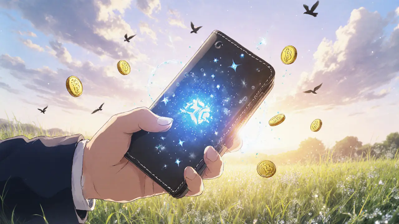Explorer holding a glowing hardware wallet with AIR tokens against a sunrise meadow.