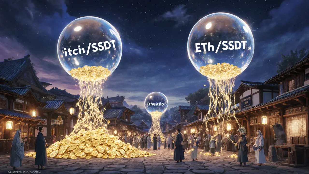 Fantasy bazaar with large crystal spheres showing BTC/USDT and ETH/USDT liquidity streams.
