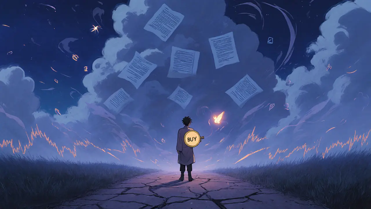 Figure at twilight crossroads with glowing token amid looming clouds.