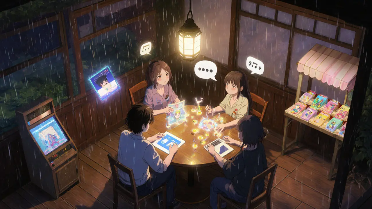 Friends at a cozy café interact with holographic consoles for Drops, Mingle, Shout Out, and Marketplace.