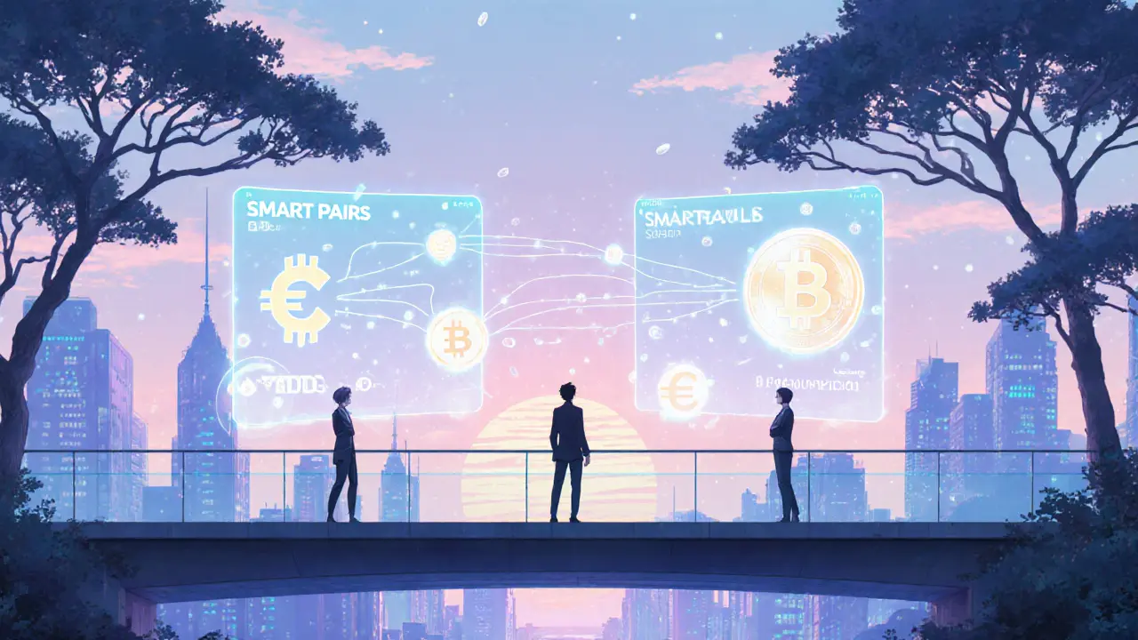 Futuristic city with holographic panels illustrating smart crypto pairs and new stablecoins.