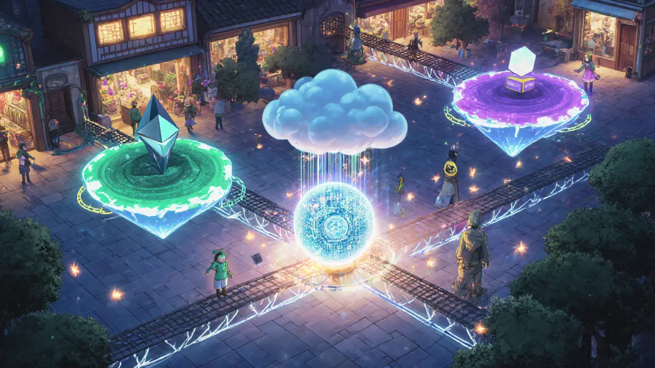 Futuristic market with holographic blockchain islands, AI crystal orb, IoT spirits, and firefly‑like ZK‑rollup packets.