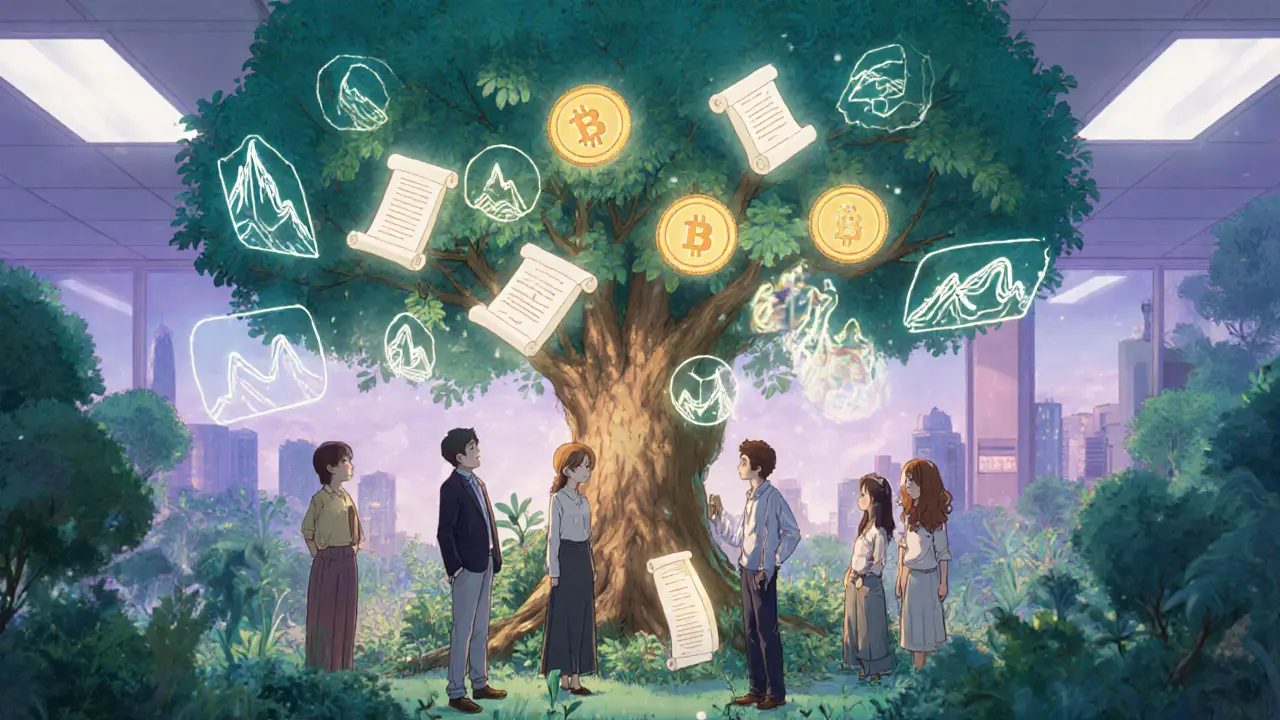 Glowing tree with tokens and smart‑contract scrolls, showing hybrid vesting and future trends.