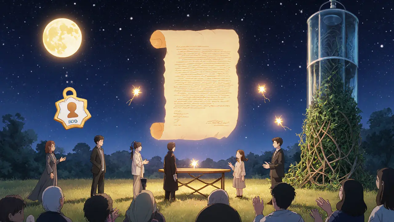 Group of diverse characters gathered around a levitating contract under a starry sky with digital identity and DAO symbols.