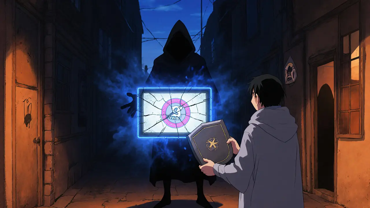 Hero shields a hardware wallet from a shady figure offering a fake token.