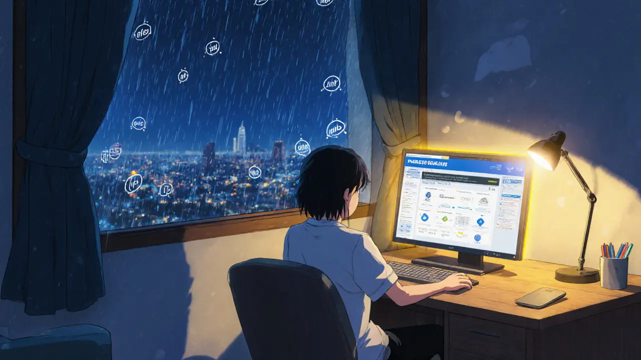 Home office scene of a trader using a compliant exchange, safe ambience with rainy city view outside.