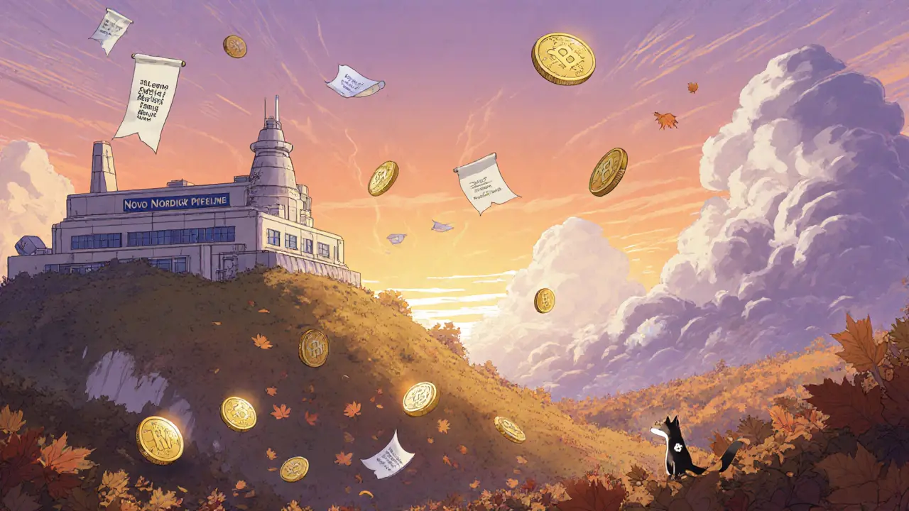 Horizon lab with floating NVOon tokens, regulatory scrolls, and a fox-like guardian representing smart‑contract safety.