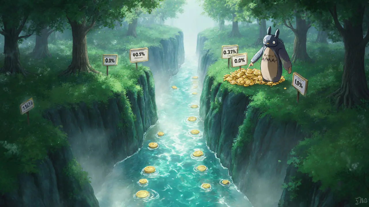 LP character places shining coins into a narrow river channel symbolizing concentrated liquidity.