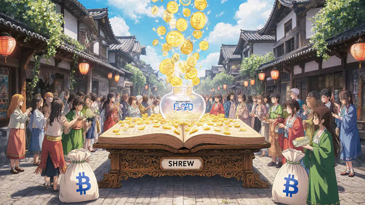 Market crowd watches tokens flow from a ledger into a crystal vase during ICO.