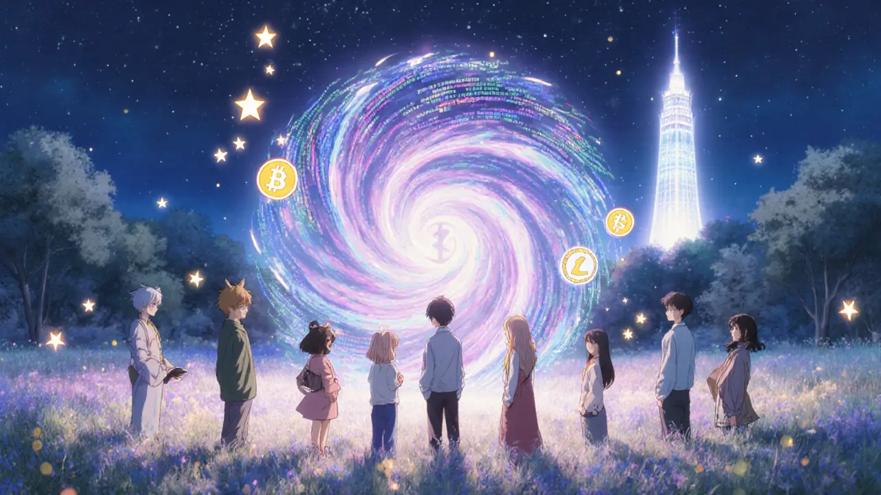 Moonlit meadow with users swapping privacy coins through an ethereal decentralized portal.