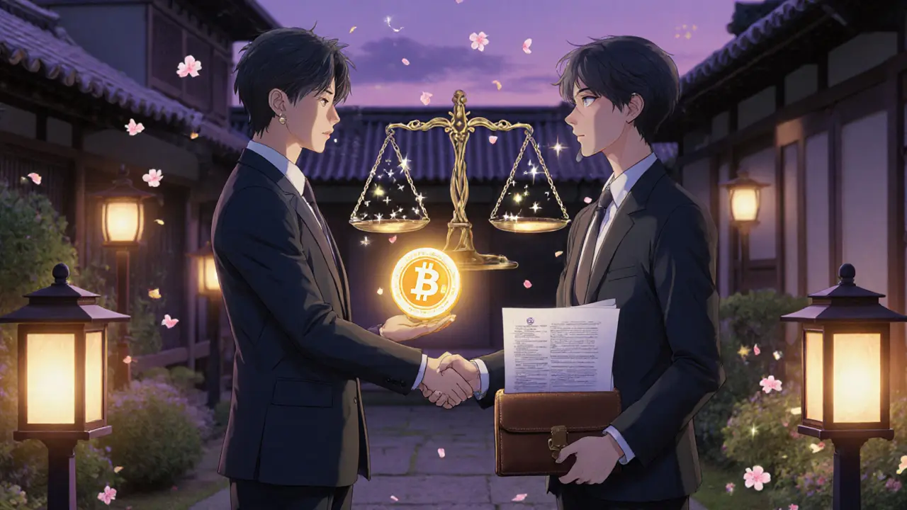 Partners shaking hands in a garden, one offering a glowing wallet, blockchain scales in background.