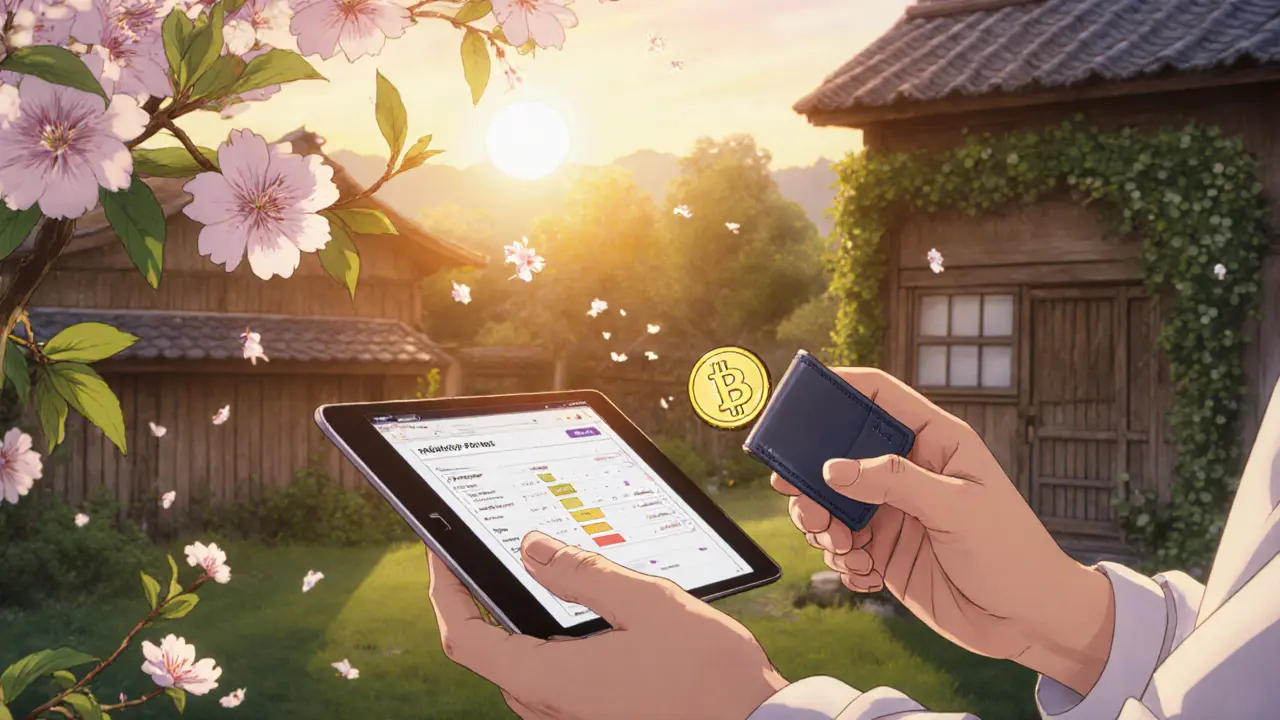 Person moves a glowing coin from a tiny tablet to a hardware wallet in a sunrise garden.