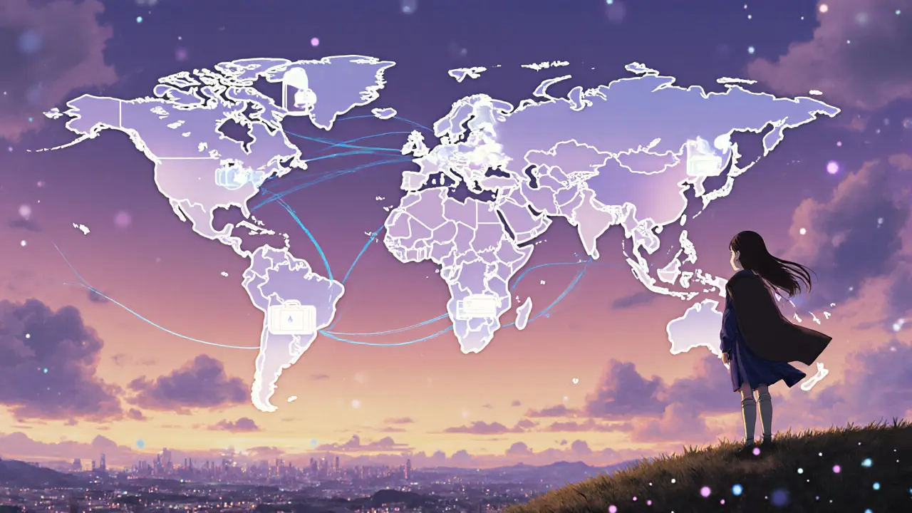 Person views a glowing world map showing product journeys across continents.