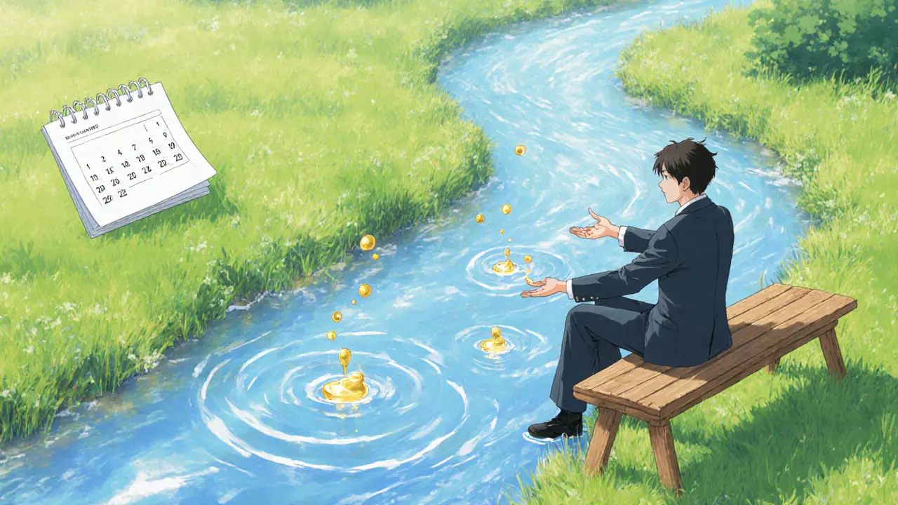 River releasing golden droplets into an employee&#039;s hands, depicting linear vesting.