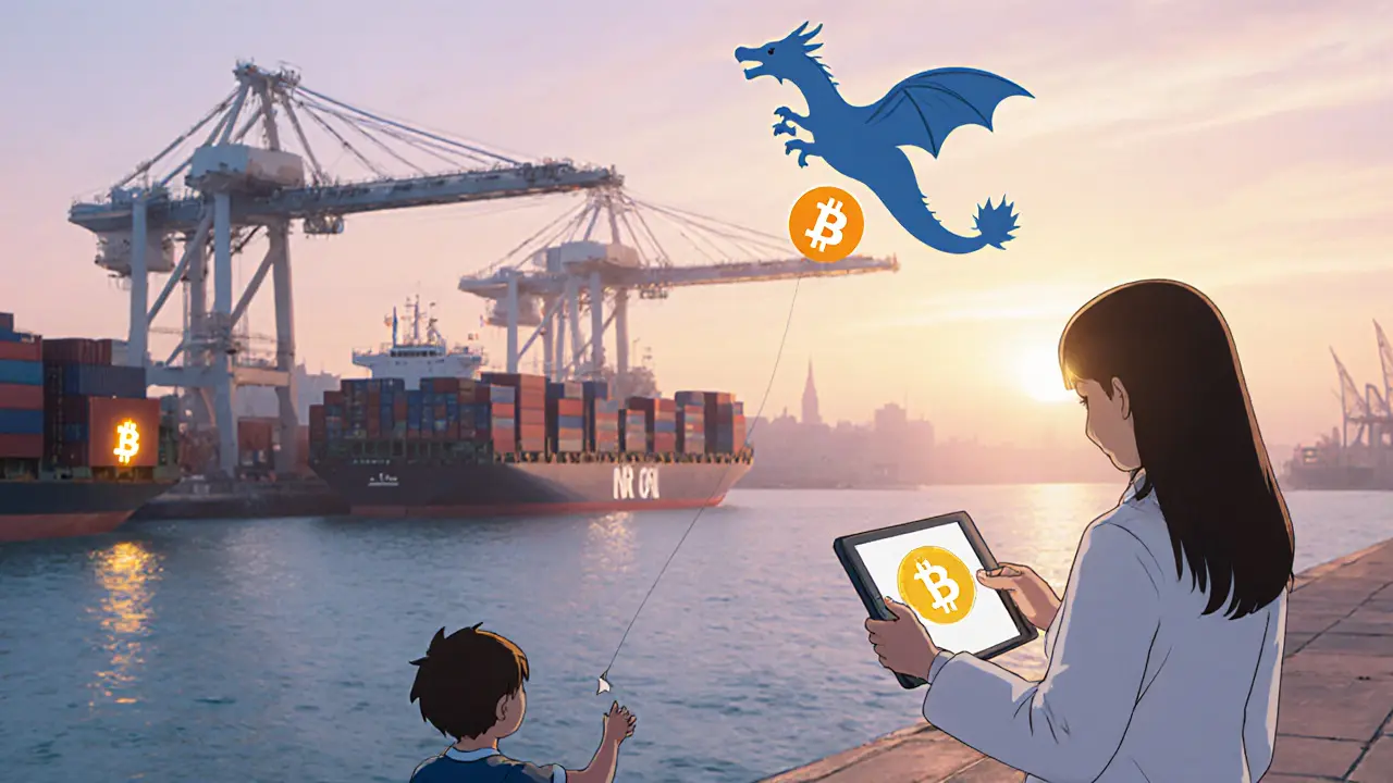 Robotic cranes at a port use blockchain tech while a child’s paper dragon transforms into an ancient hieroglyph.