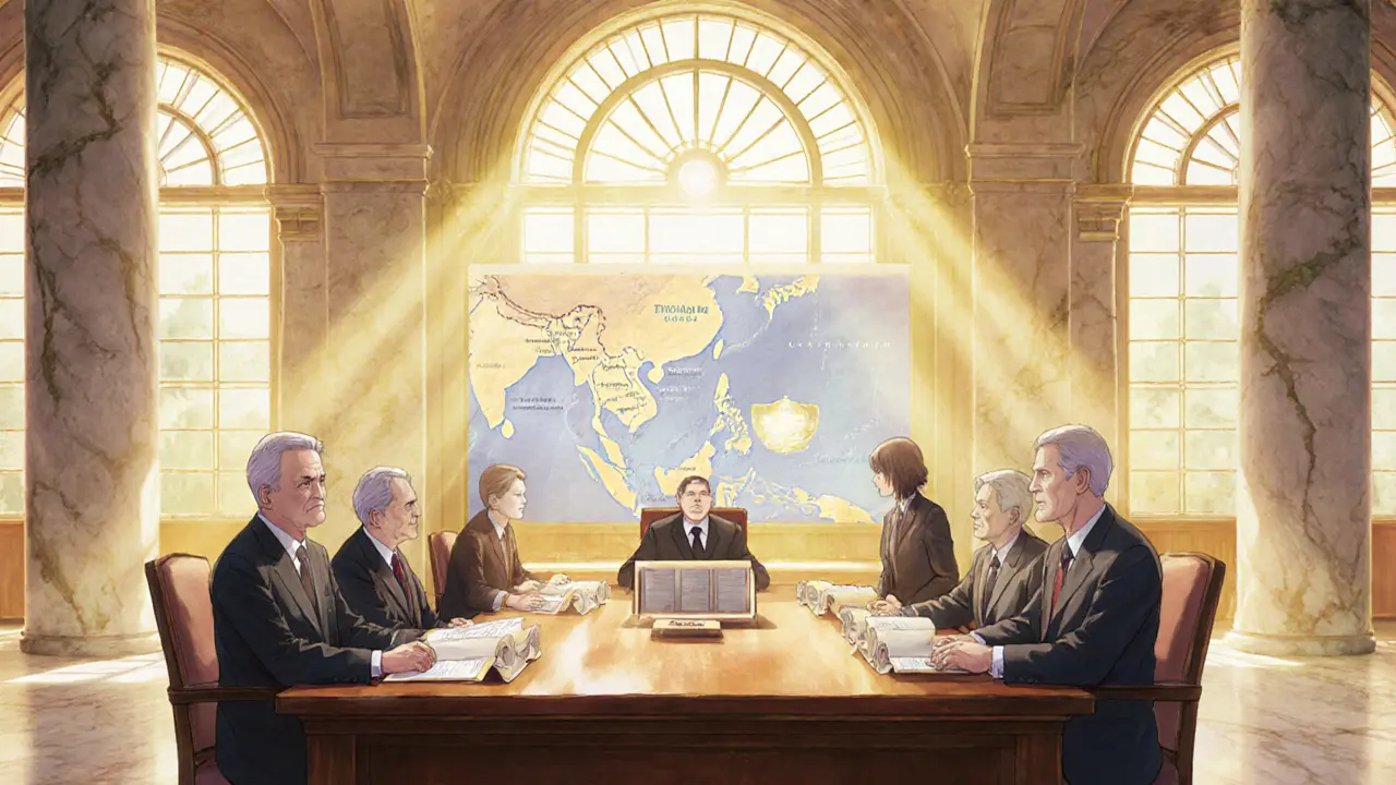 SEC officials discuss new crypto rules in a sunlit marble hall with a glowing Southeast Asia map.
