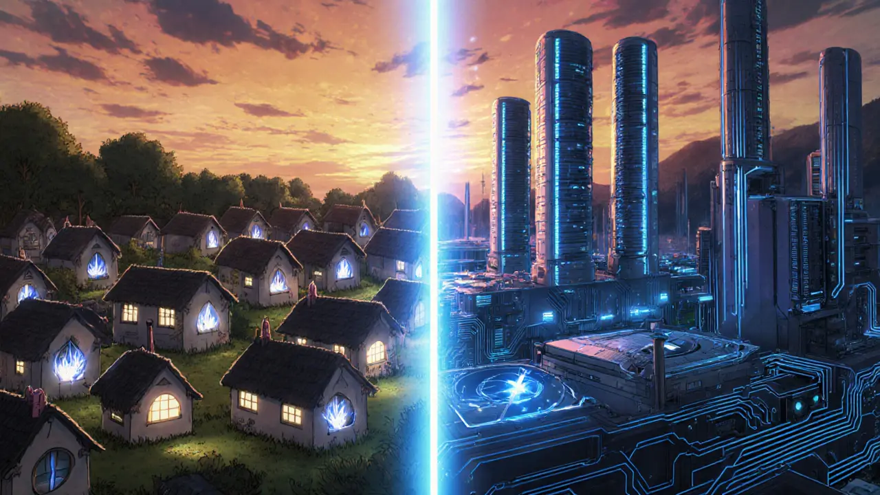 Split scene showing a village of small huts for Ethereum validators and a high‑tech complex for Solana validators.