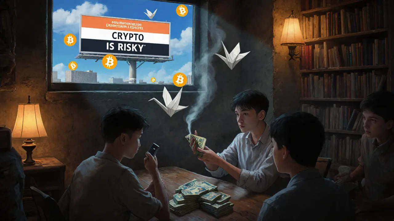 Teens trade cash for a USB drive in a bookshop basement, with a floating bank warning in the sky above.