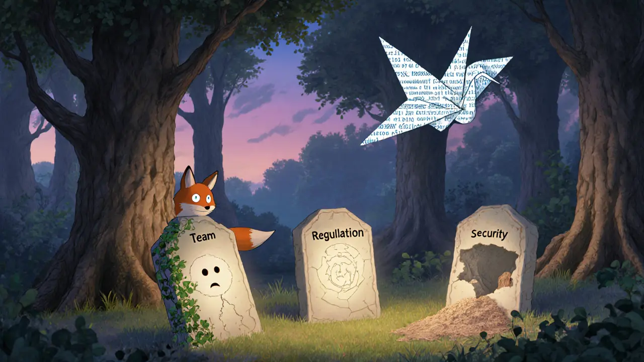 Three broken tablets in a forest clearing symbolize missing team, regulation, and security.