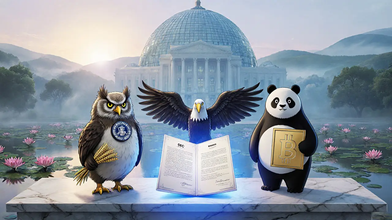 Three guardian figures representing CFTC, SEC, and banking regulators beside a glowing contract.