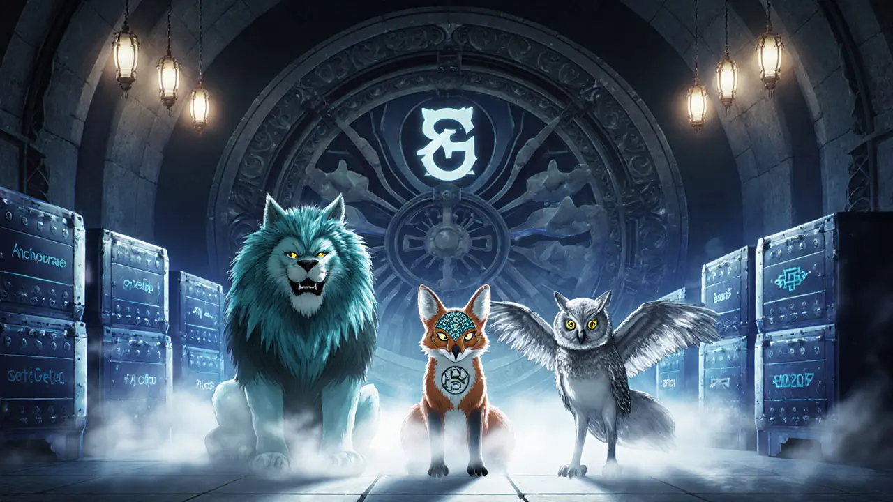 Three guardian spirits representing custodians stand before a glowing vault filled with cold‑storage chests.