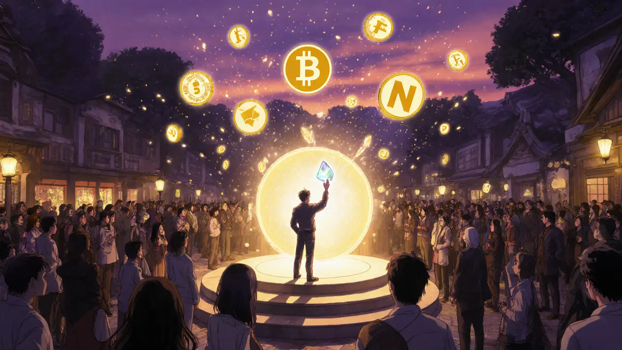 Trader at a glowing launchpad receiving a crystal token amid a twilight market plaza.