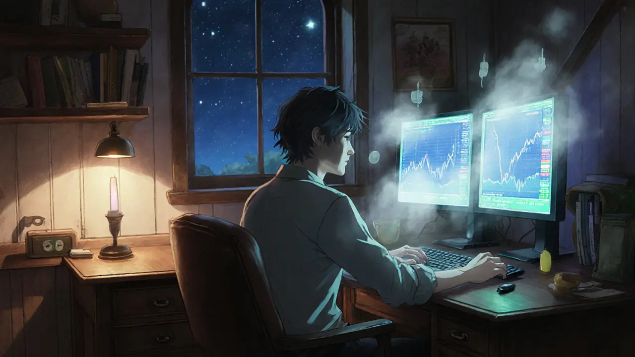 Trader reviewing floating exchange charts in a dim cottage trading room.