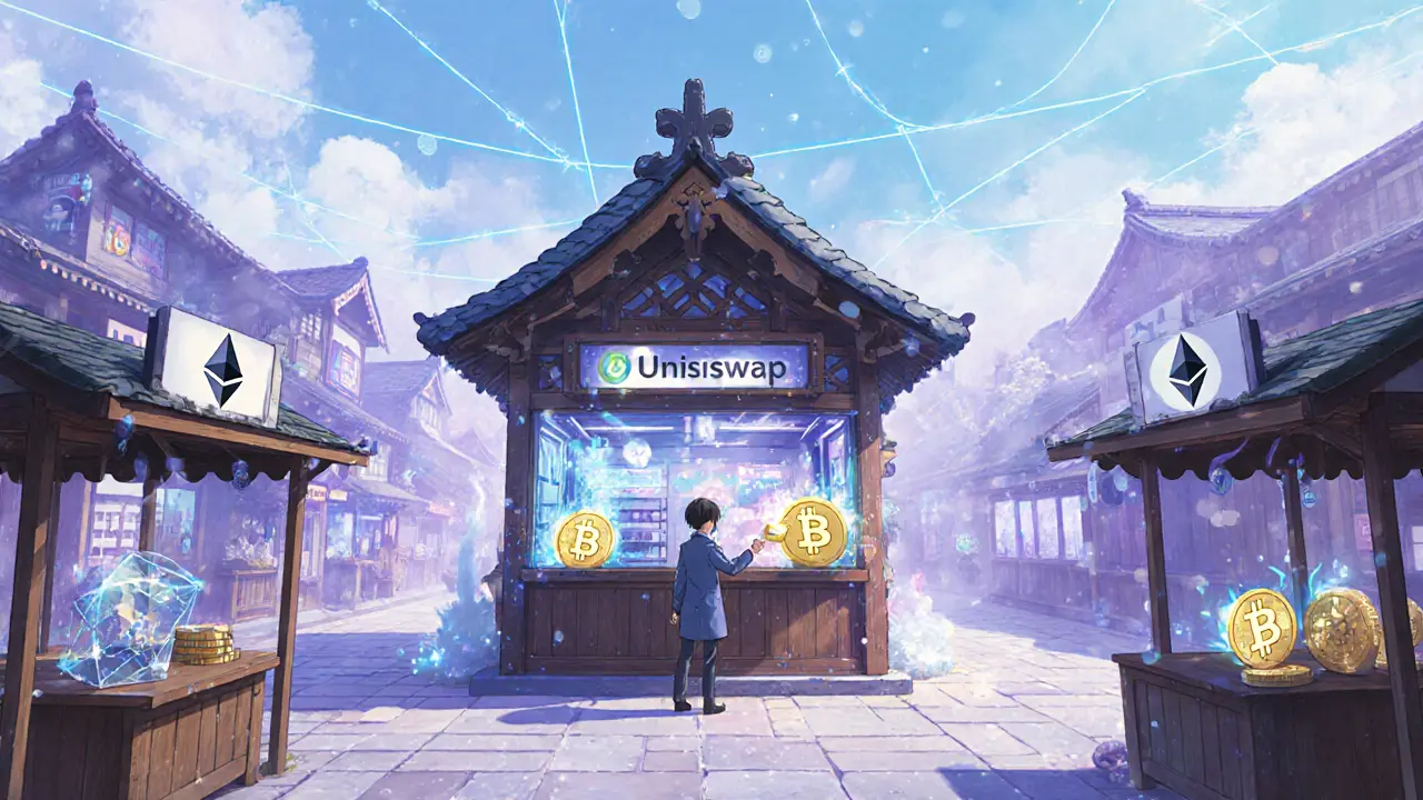 Uniswap kiosk in a village square where a character swaps for bright 99BTC coins.