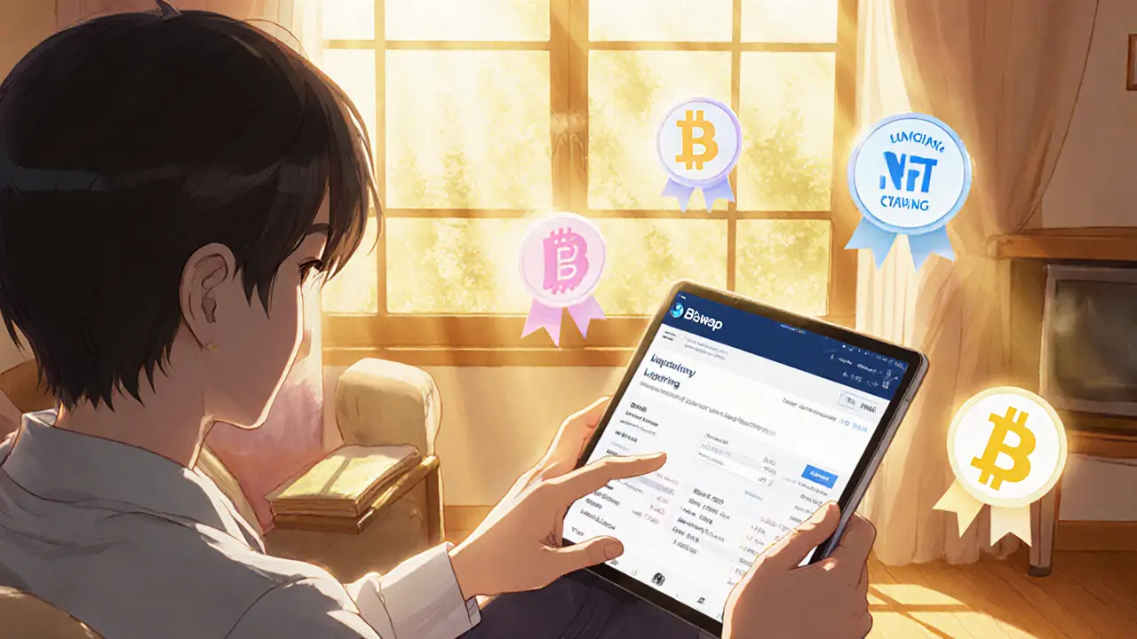 User safely connects wallet to Biswap and adds liquidity in a bright living room.