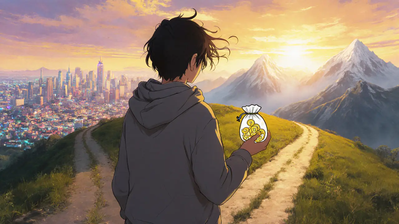 Wanderer holding a pouch of 99BTC tokens at a hill, looking at two diverging paths.