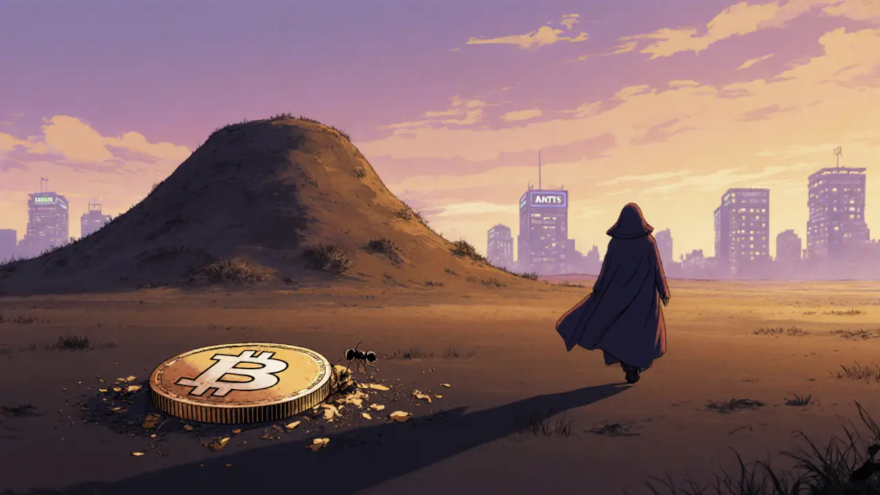 Wanderer walks away from a crumbling ant hill, symbolizing ANTSCOIN's doomed future.