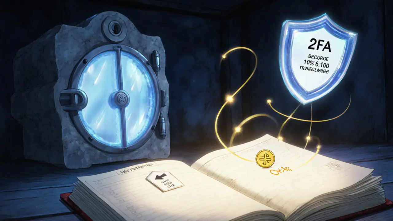 Whimsical workshop showing ledger with negative fee, vault for cold storage, and 2FA shield.